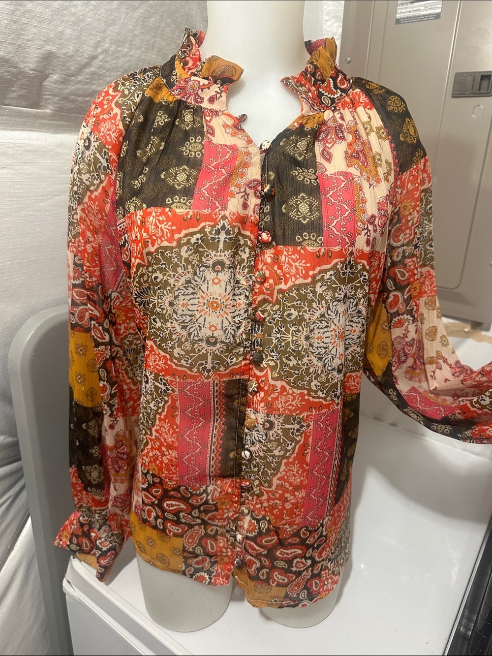 entro Multicolor Patchwork Button-Down Blouse